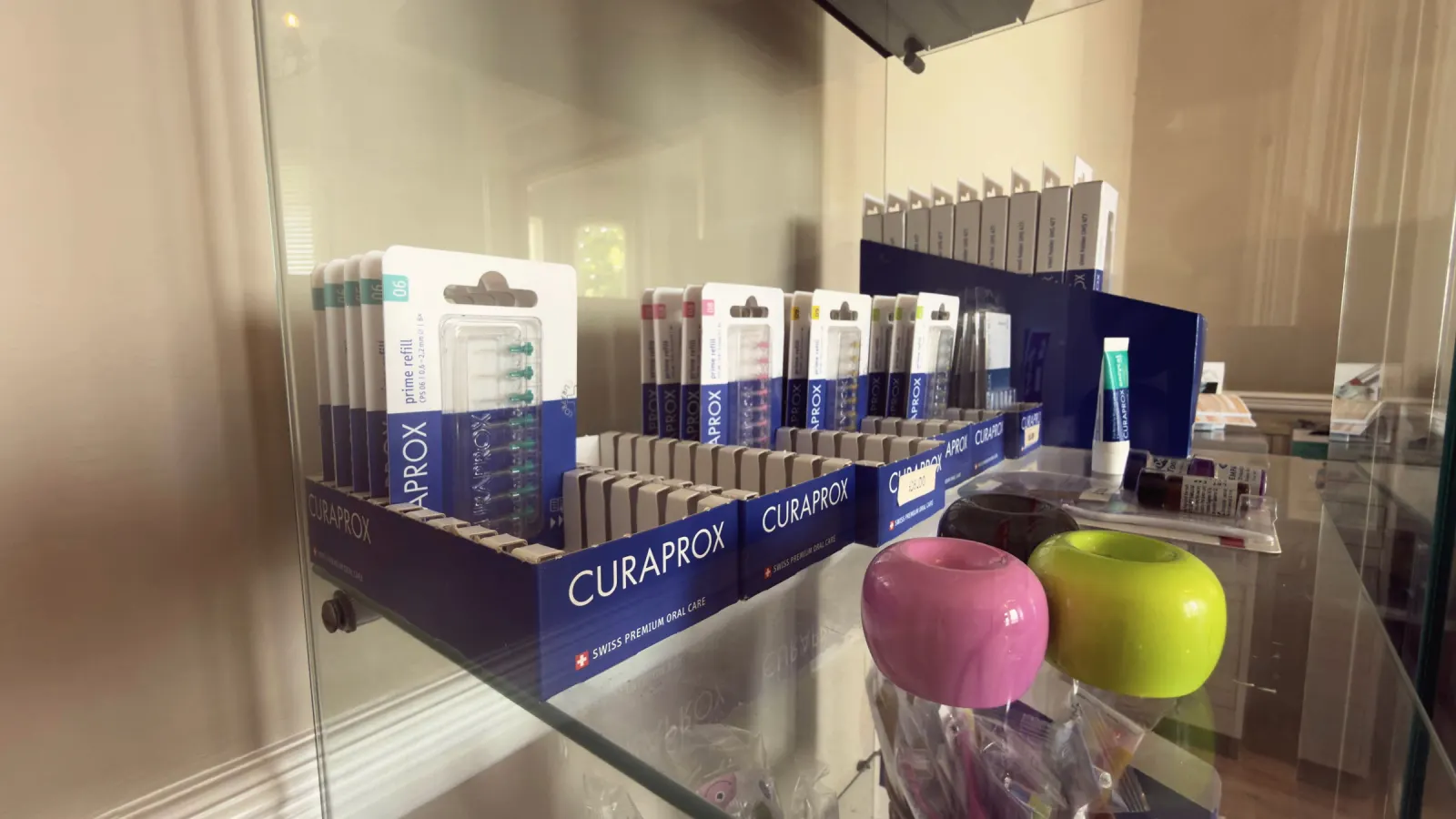 Curaprox premium oral care products in the practice display cabinet