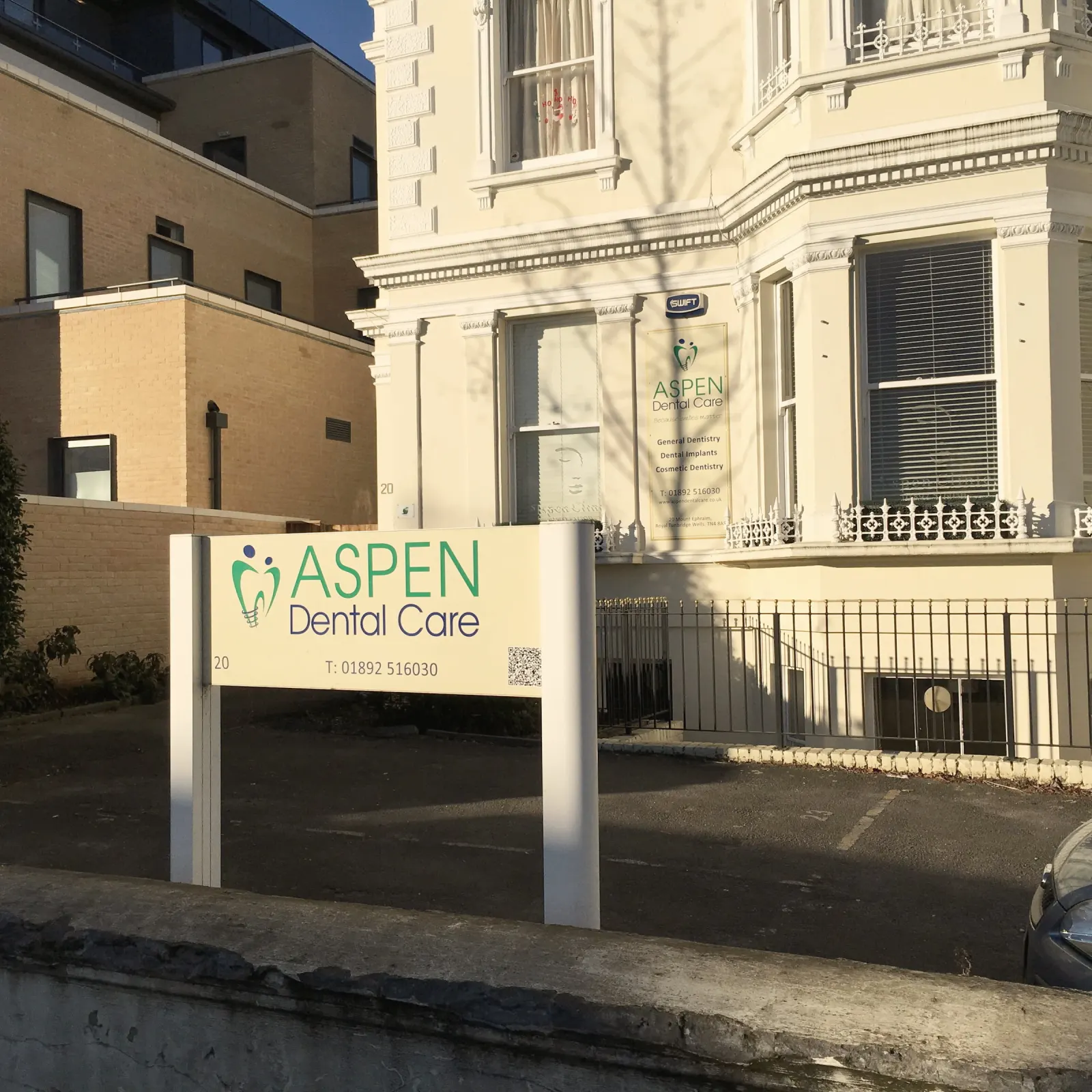Aspen Dental Care sign and patient parking bays, 20 Mount Ephraim